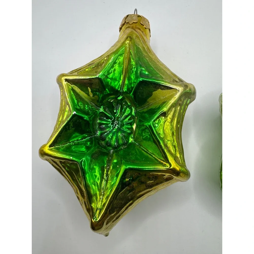 Vintage Mercury Glass Christmas Ornaments Green Gold Star Flower Set of 2